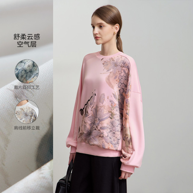 11740741.2025春款休闲减龄圆领艺术感繁花字母印花卫衣女宽松上衣