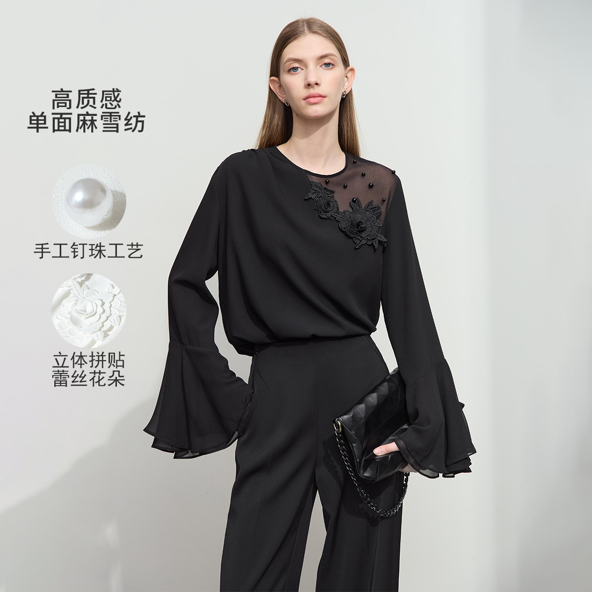 11740745.春季新款微透视撞料拼接立体花钉珠雪纺衫女荷叶边袖口衬衫