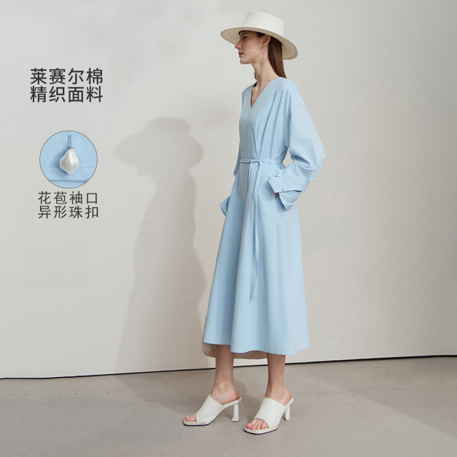 11740579.2025春款莱赛尔棉V领配腰带花苞袖凉感连衣裙气质通勤裙子