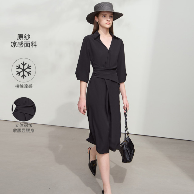 11740623.【知性职业风】2025春款极简V领修身无弹褶皱连衣裙通勤裙子