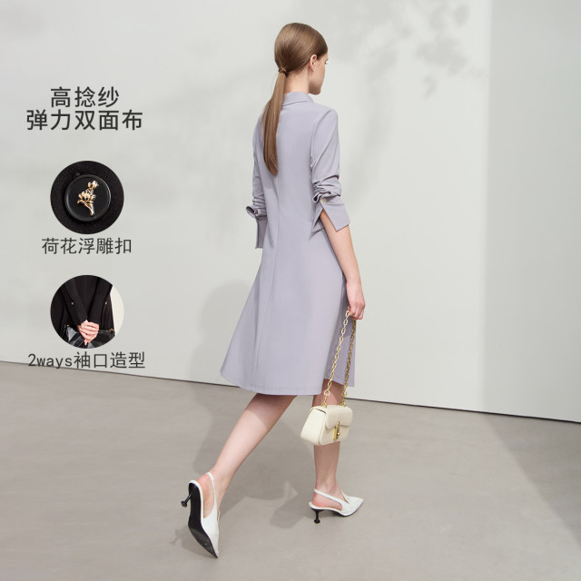 11740560.【气质通勤】春款POLO领荷花纽扣A摆连衣裙女修身小黑裙
