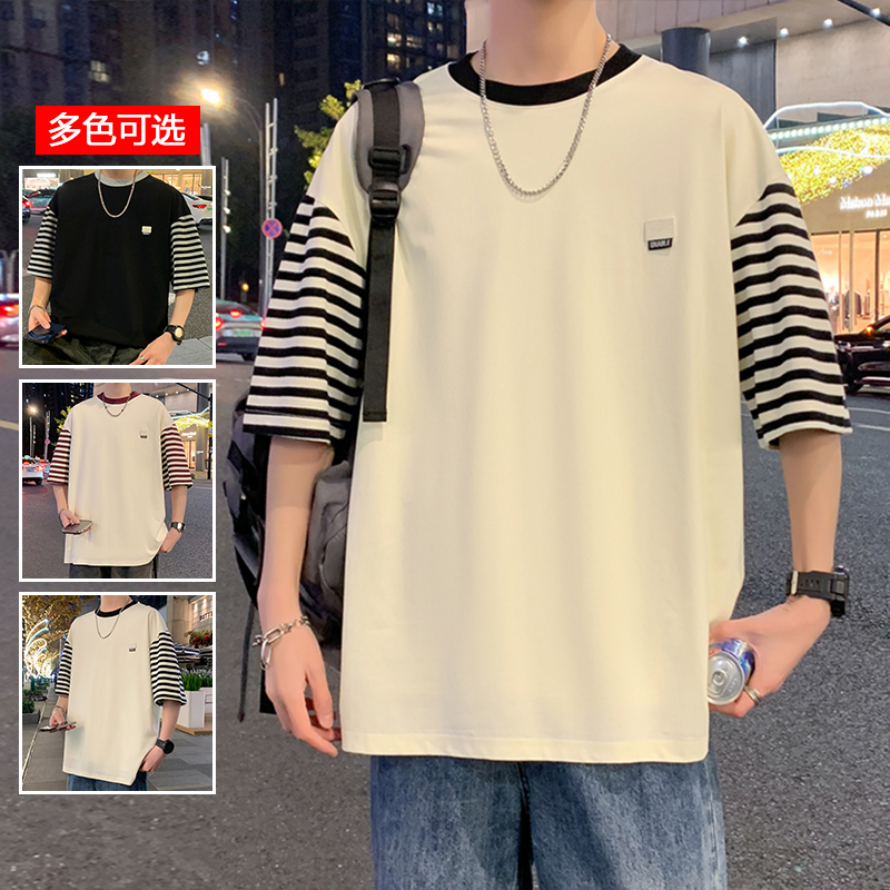 11714099.衣仕梵夏季新款男款条纹拼接潮流百搭短袖T恤【衣仕梵男装XJ】
