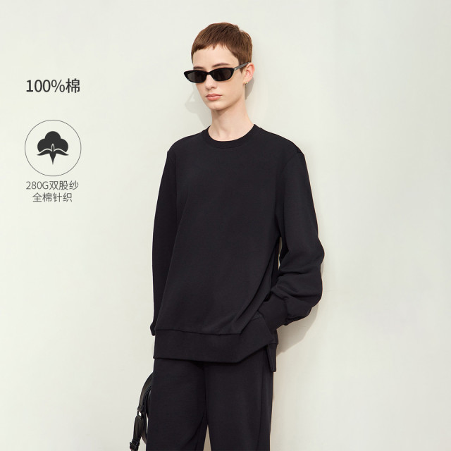 11740443.【休闲通勤】新款圆领二维码布标装饰全棉卫衣女宽松开叉上衣