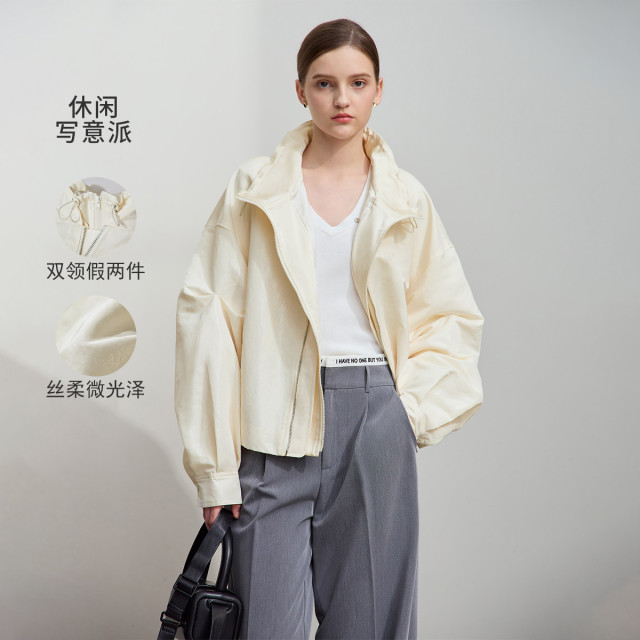 11740440.2025春极简chill休闲宽松双领假两件落肩长袖拉链外套女