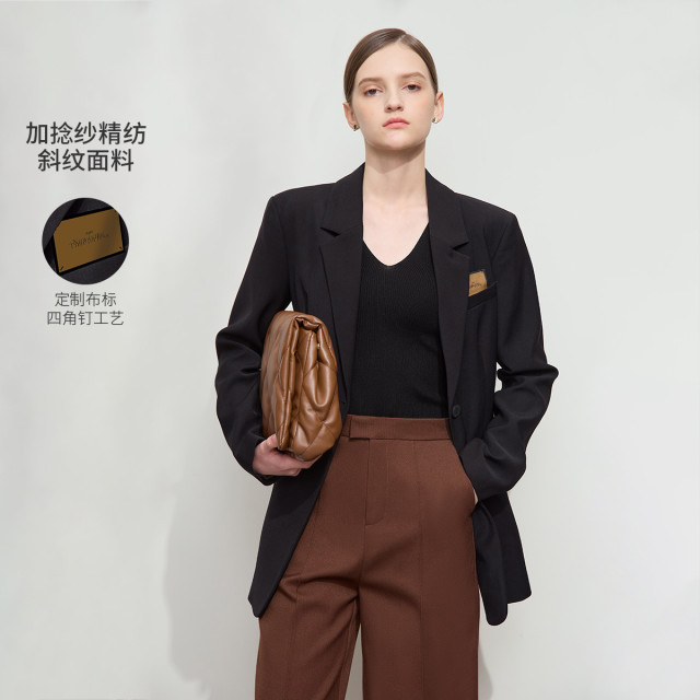 11740546.【时尚通勤风】翻驳领布标装饰垫肩西装女中长西服职业装职场装