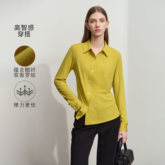11720967.春新款极简通勤修身弹力纯色斜门襟纽扣长袖衬衫女