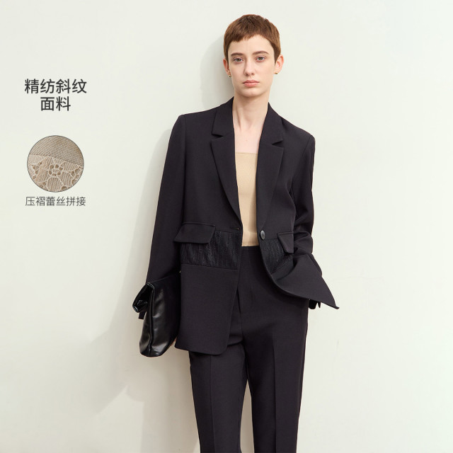 11740465.新款高级职场通勤蕾丝拼接垫肩西装女西服职业装宽松上衣