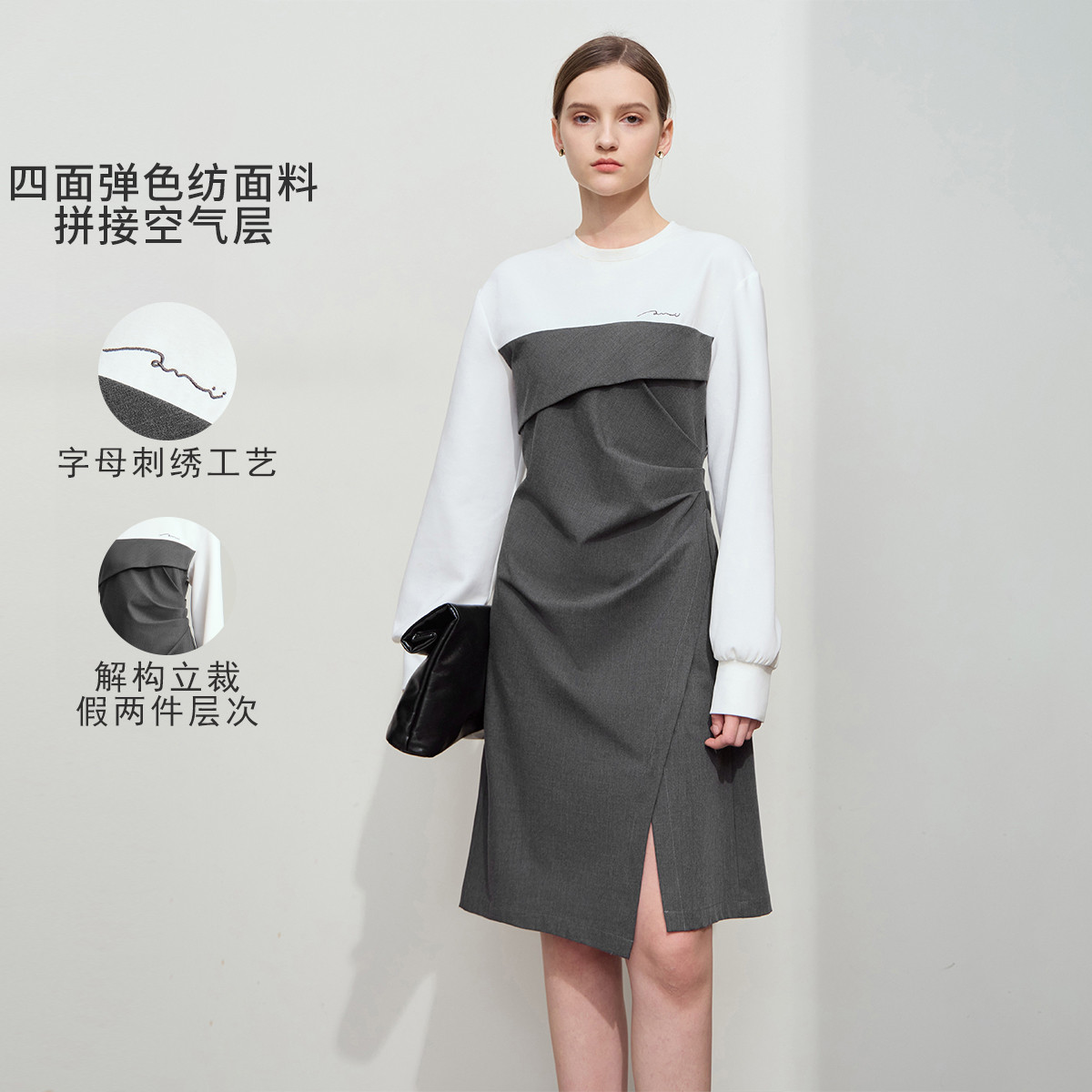 11740539.春款撞料拼接空气层假两件连衣裙女收褶开叉绣花裙子