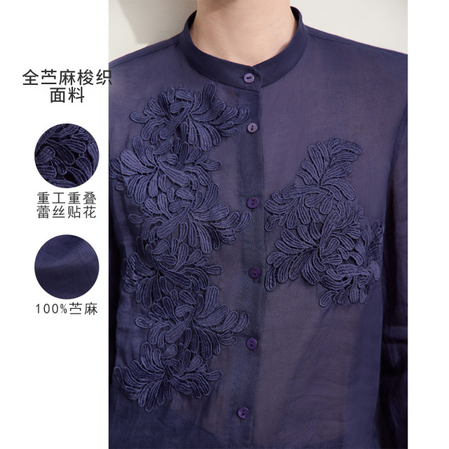 11740474.春季新款通勤风立领蕾丝贴花全苎麻白衬衫女贝壳扣衬衣时尚上衣