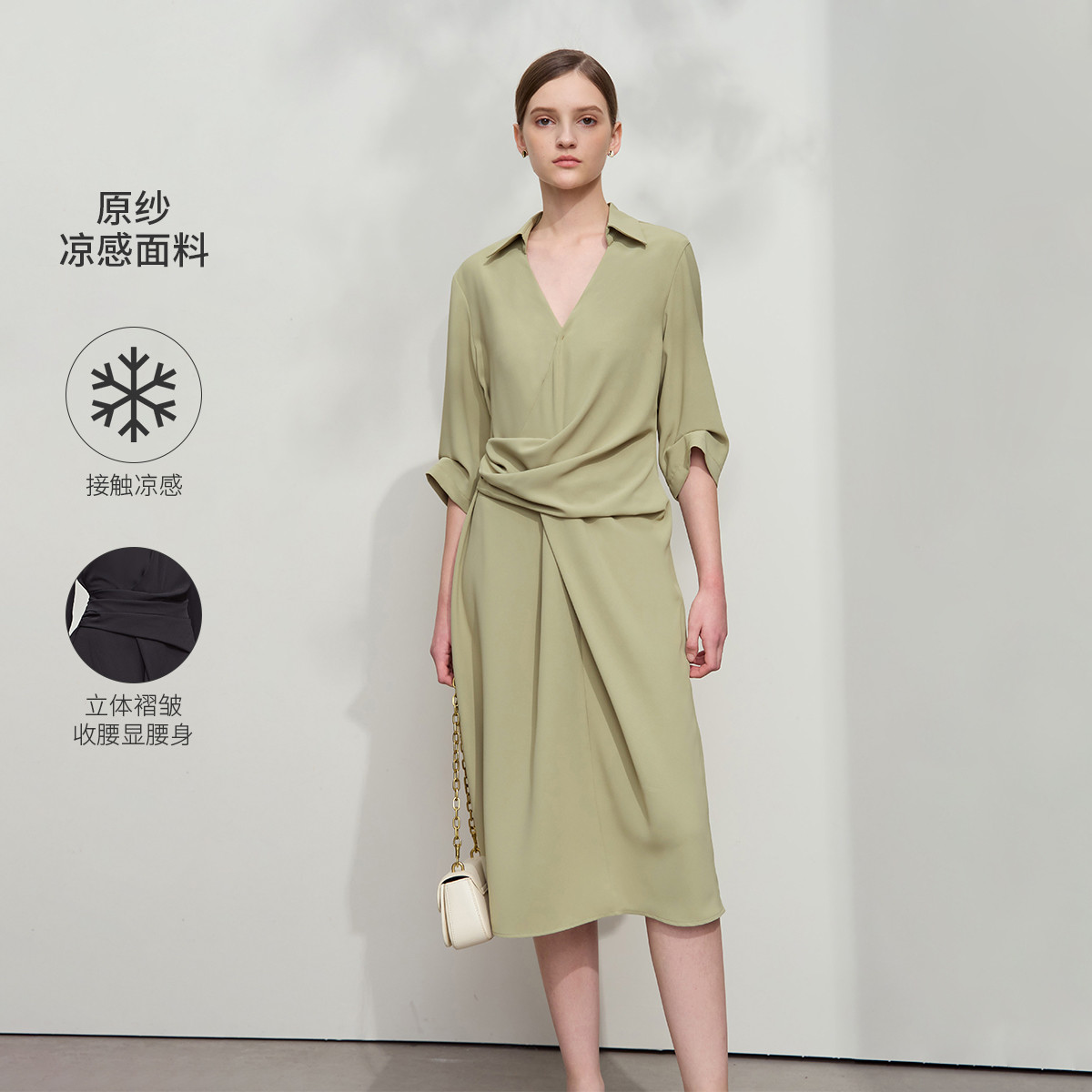 11740623.【知性职业风】2025春款极简V领修身无弹褶皱连衣裙通勤裙子