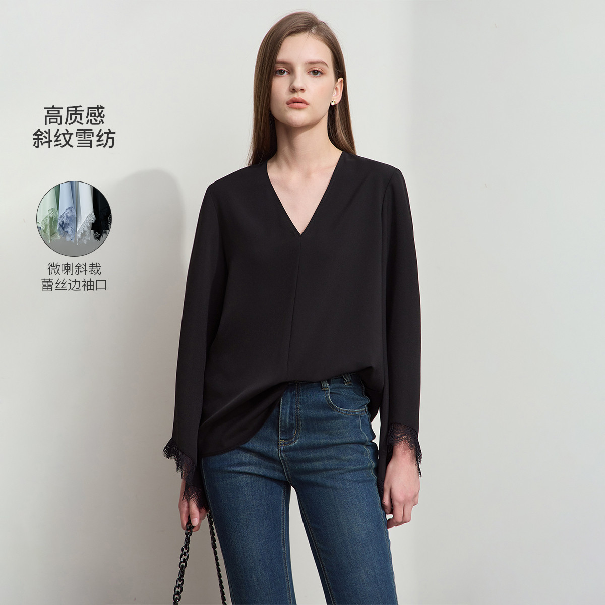 11721052.春季新款极简纯色V领宽松袖口拼蕾丝花边雪纺衫女通勤衬衫