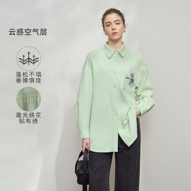 11740442.春季新款极简宽松中长弹力落肩袖印花衬衫女通勤衬衣上衣