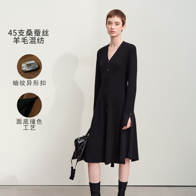 11740742.春款通勤V领异形扣撞色连衣裙女修身收腰A摆针织裙子