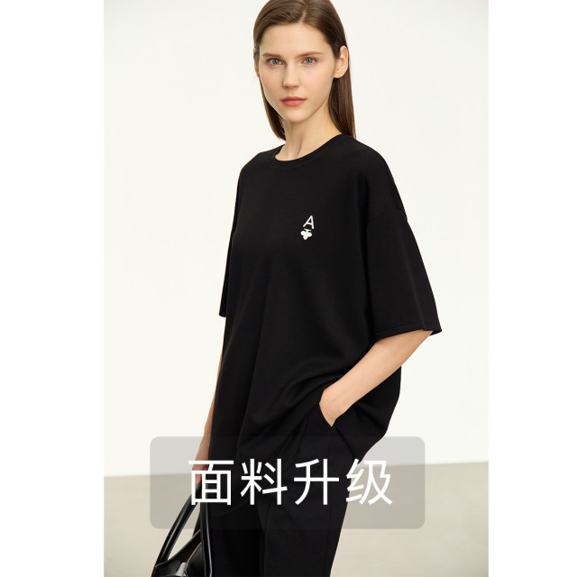 11720984.春季新款极简宽松中长落肩短袖刺绣弹力空气层面料T恤女上衣