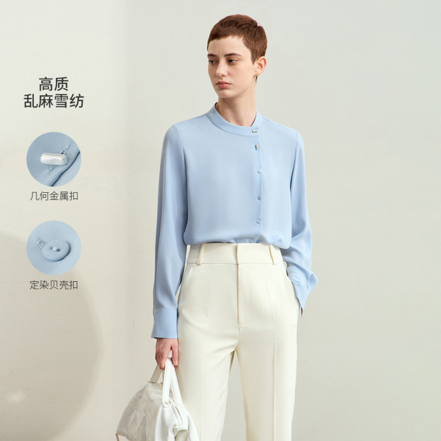 11740593.春季新款小立领不对称侧门襟雪纺衫女贝壳扣宽松长袖上衣通勤时尚衬衫