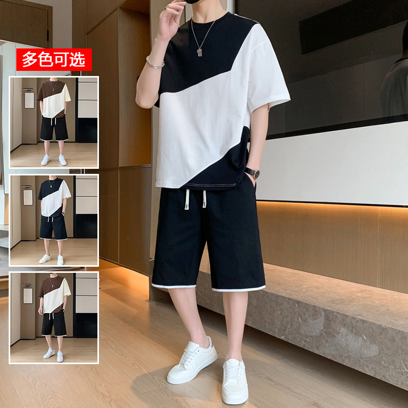 11714097.衣仕梵夏季新款男款不规则拼接短袖休闲运动套装【衣仕梵男装XJ】
