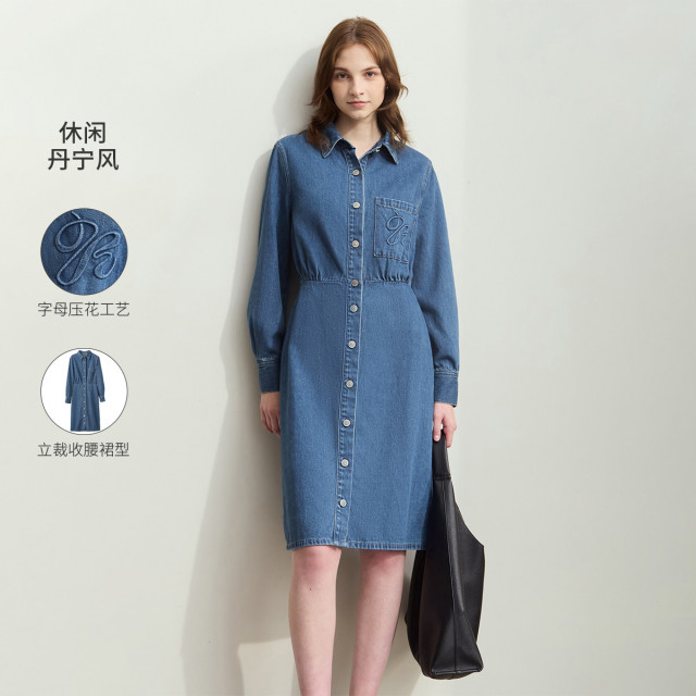 11740600.【丹宁风】春款休闲翻领字母压花衬衫式连衣裙女牛仔裙子