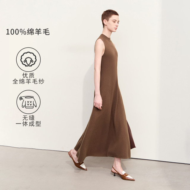 11740461.【优雅通勤】精纺全羊毛无袖连衣裙女A摆针织裙子背心裙