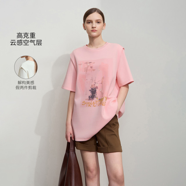 11740748.2025春款圆领艺术印花空气层宽肩T恤女宽松中长短袖上衣