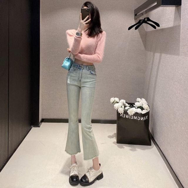 11719681.歌谛婕 小个子修身弹力毛边微喇叭裤女装新款显瘦潮流九分牛仔裤