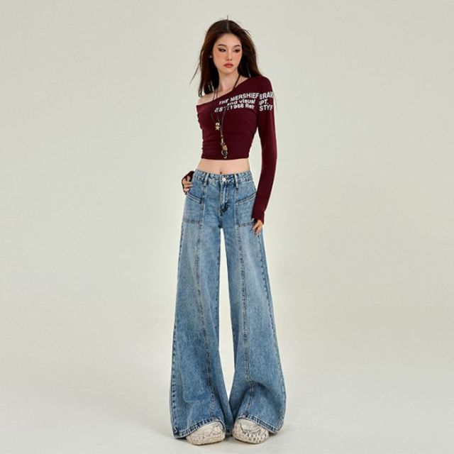 11719818.歌谛婕 设计感拼接款宽松显瘦阔腿裤女高腰喇叭马蹄裤
