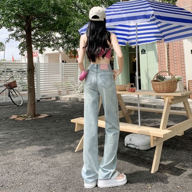 11719667.歌谛婕 设计感粉色皮牌高腰窄版阔腿垂坠感牛仔裤女