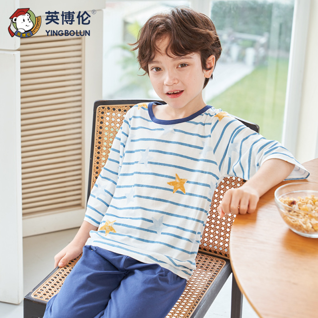 11898323.英博伦夏季男童家居服套装儿童薄款睡衣七分袖男孩空调服