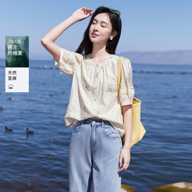 11780988.【2025夏装】衬衫女短袖正肩圆领甜美风衬衣刺绣碎花上衣