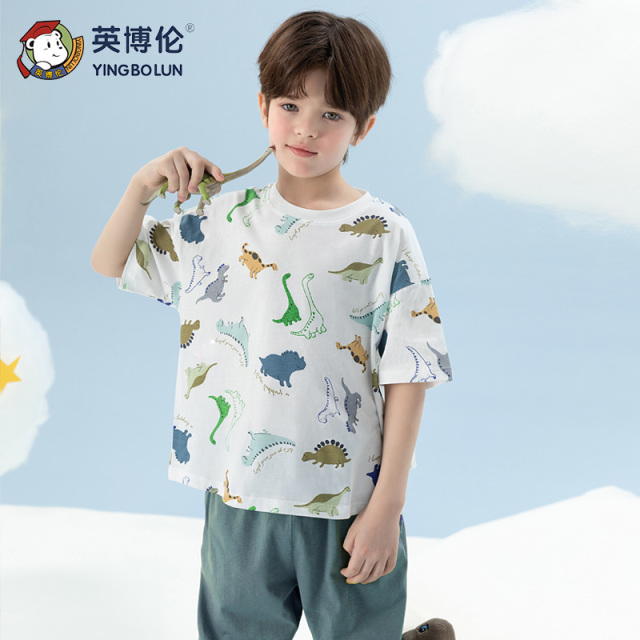 11898329.英博伦男童睡衣儿童夏季薄款莱赛尔家居服小男孩卡通透气短袖套装