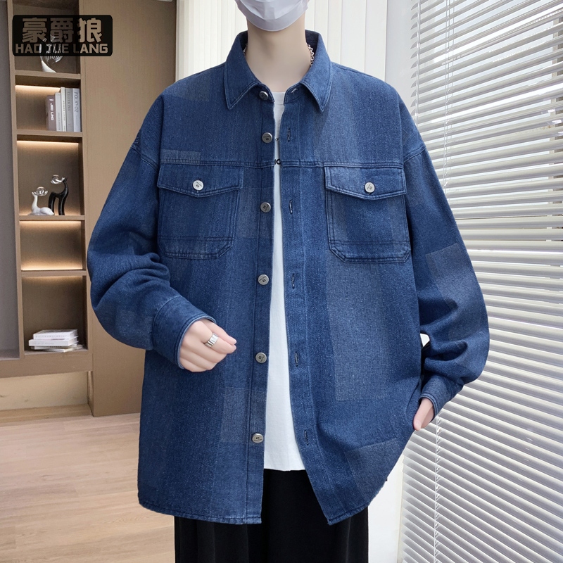 11739394.翻领长袖衬衫男春秋季新款潮流美式复古水洗牛仔衬衣春装薄款外套