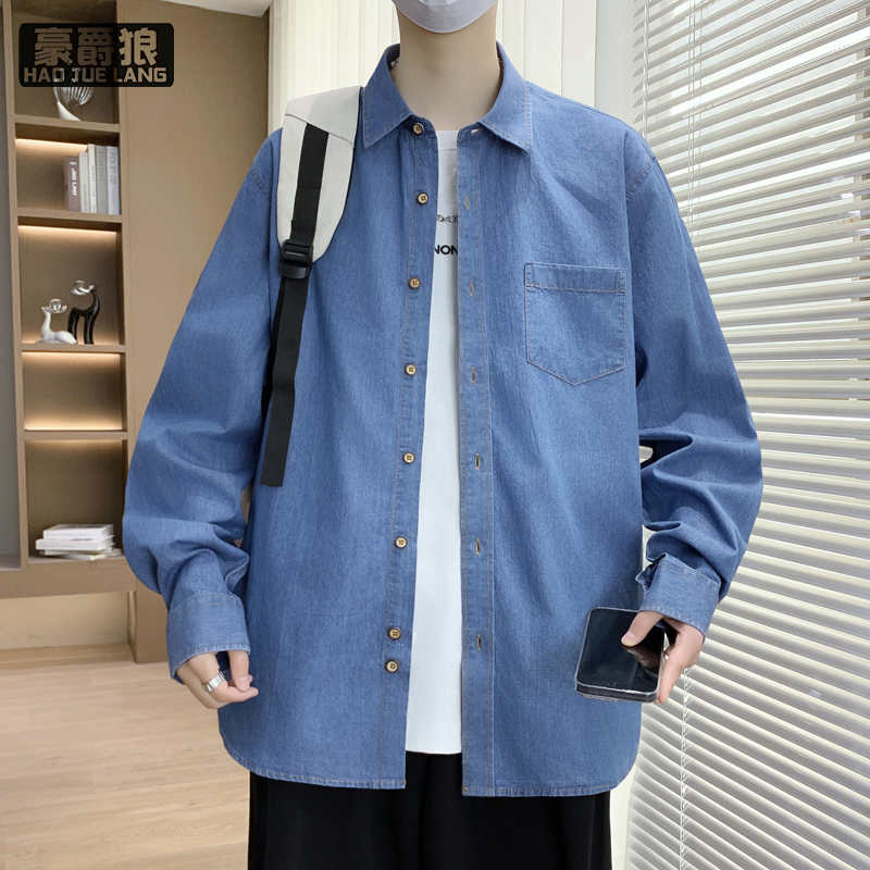 11739407.纯棉长袖衬衫男春秋季潮牌纯色翻领外套男生休闲宽松百搭寸衫上衣
