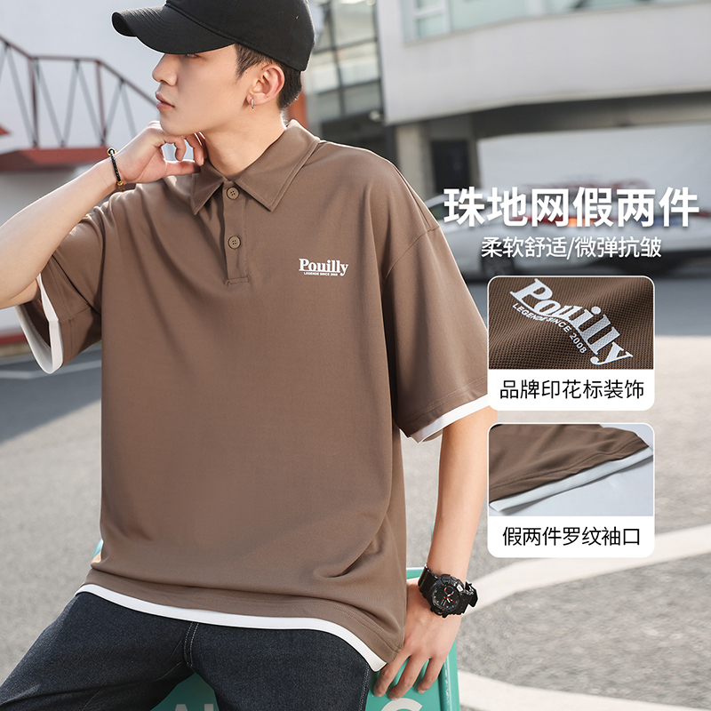 11740755.布衣传说Oversize珠地网格假两件印花装饰舒适休闲男士POLO衫