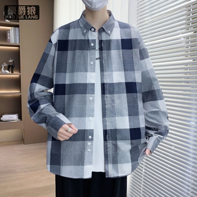 11739404.格子衬衫男长袖春秋款休闲宽松港风外套男青少年纯棉痞帅休闲衬衣