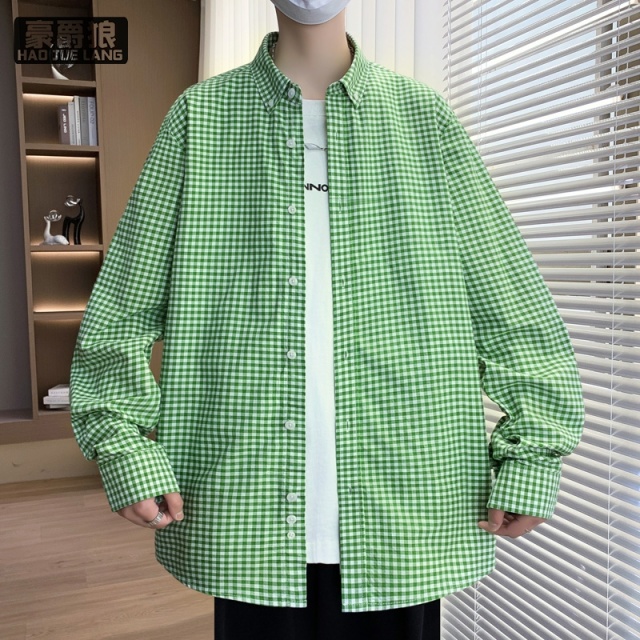 11739372.春季日系复古格子衬衫男士潮牌ins港风休闲韩版百搭长袖衬衣外套