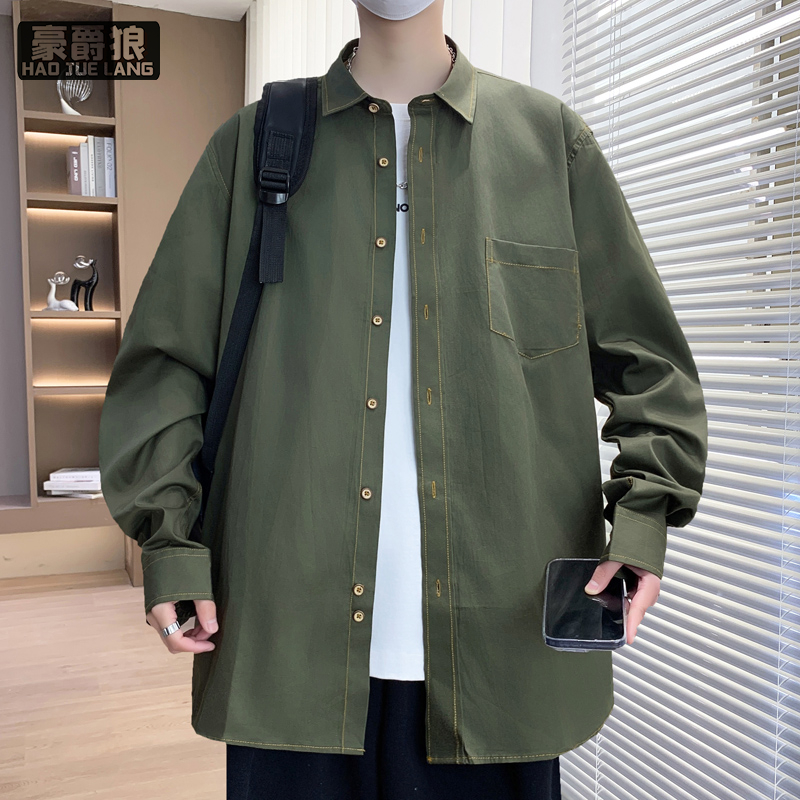 11739335.春秋新款男士宽松纯色长袖衬衫时尚休闲百搭帅气休闲潮流男上衣