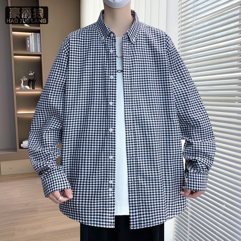 11739372.春季日系复古格子衬衫男士潮牌ins港风休闲韩版百搭长袖衬衣外套