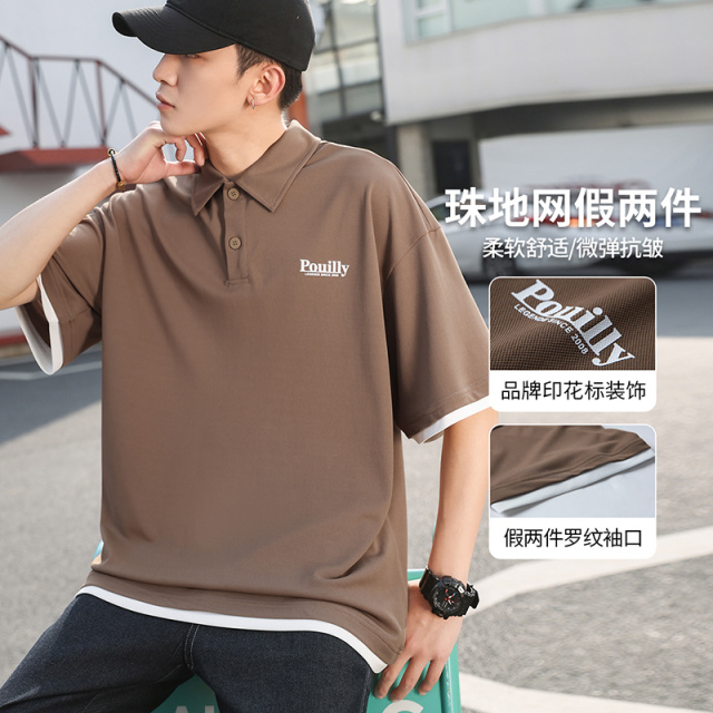 11740755.布衣传说Oversize珠地网格假两件印花装饰舒适休闲男士POLO衫