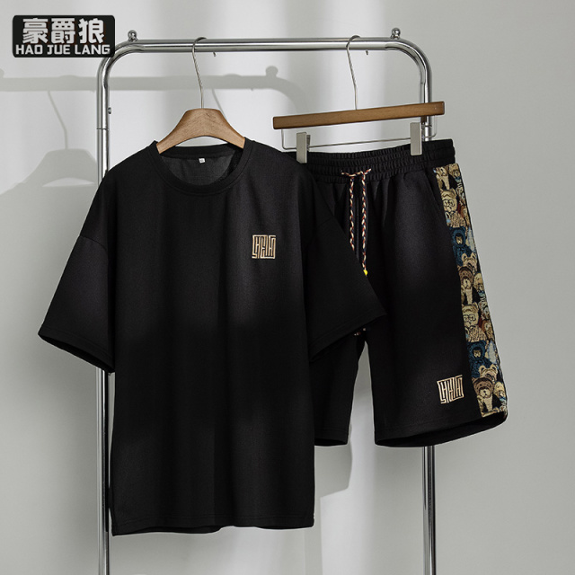 11739334.国风潮牌刺绣半袖T恤休闲套装男士夏季冰丝短袖短裤男款运动两件