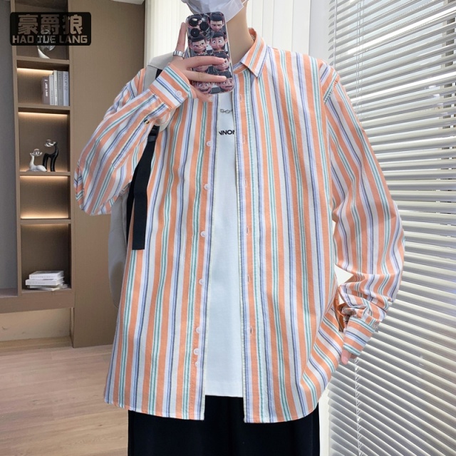 11739370.翻领条纹长袖衬衫男生春秋季潮流拼色宽松薄款外套潮牌春装衬衣服