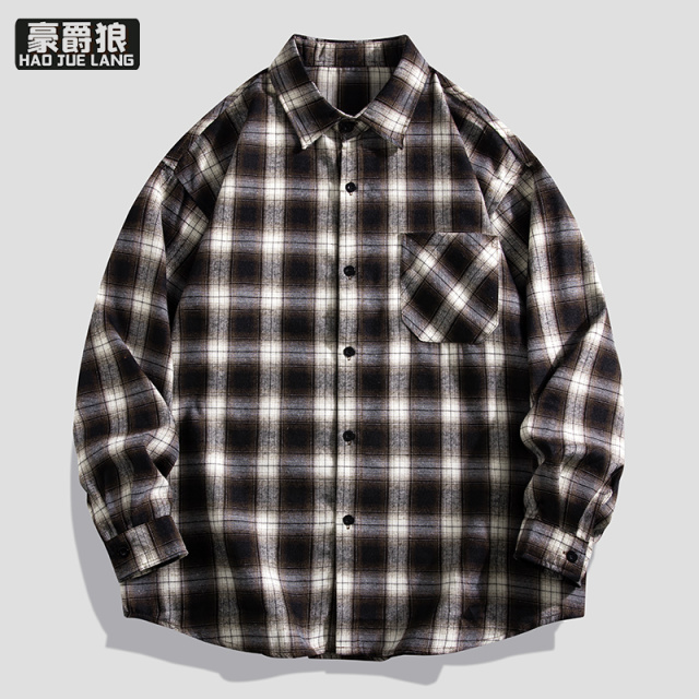 11739384.韩系撞色格纹长袖衬衫男春季新款宽松慵懒风休闲格子衬衣外套