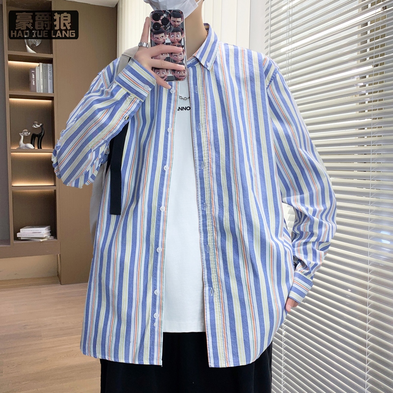11739370.翻领条纹长袖衬衫男生春秋季潮流拼色宽松薄款外套潮牌春装衬衣服