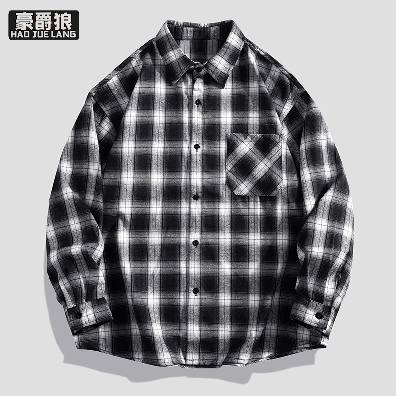 11739384.韩系撞色格纹长袖衬衫男春季新款宽松慵懒风休闲格子衬衣外套