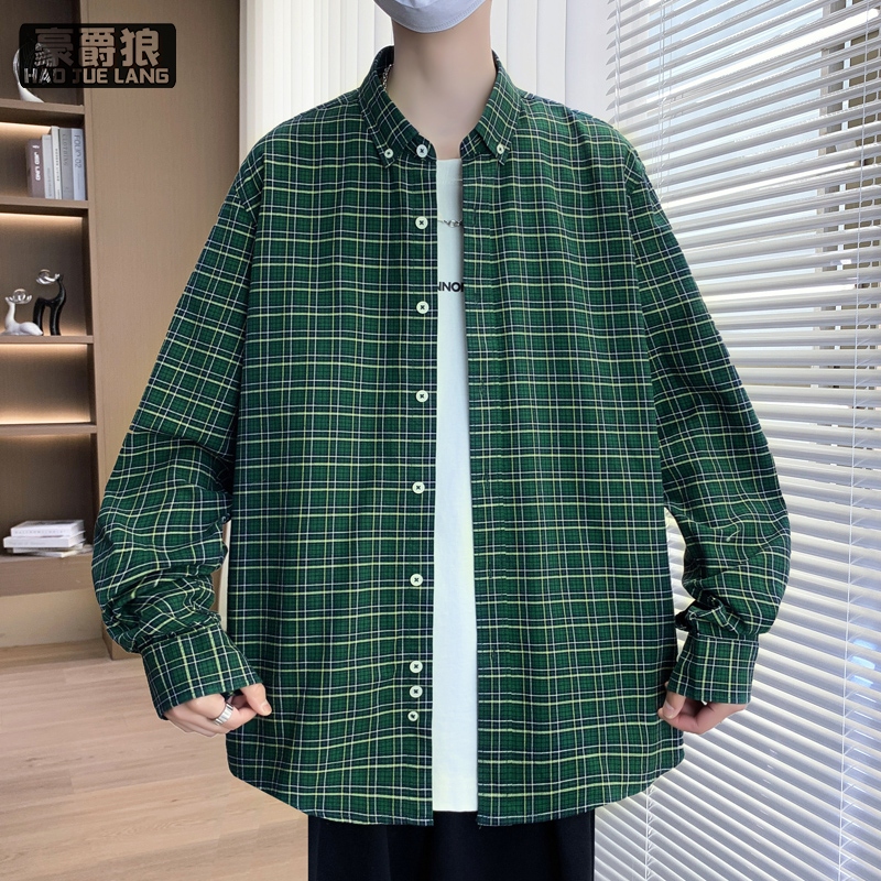11739379.格子衬衫男长袖阳光干净男生穿搭外套痞帅高级感绿色格纹衬衣