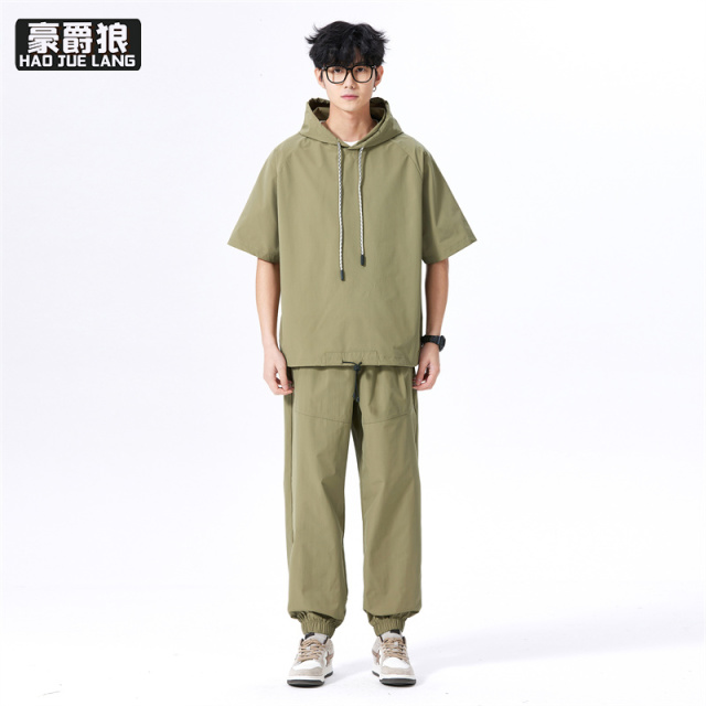 11739328.新款连帽短袖T恤男宽松透气长裤休闲运动套装夏季新款潮牌