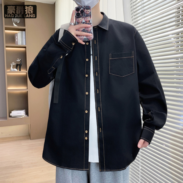 11739335.春秋新款男士宽松纯色长袖衬衫时尚休闲百搭帅气休闲潮流男上衣