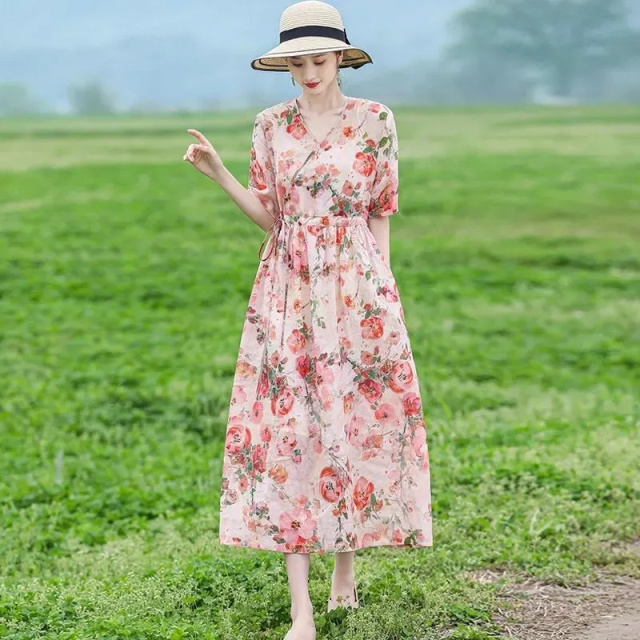 13460349.初云紫衣春夏 女文艺民族风薄款收腰显瘦短袖V领碎花连衣裙6713