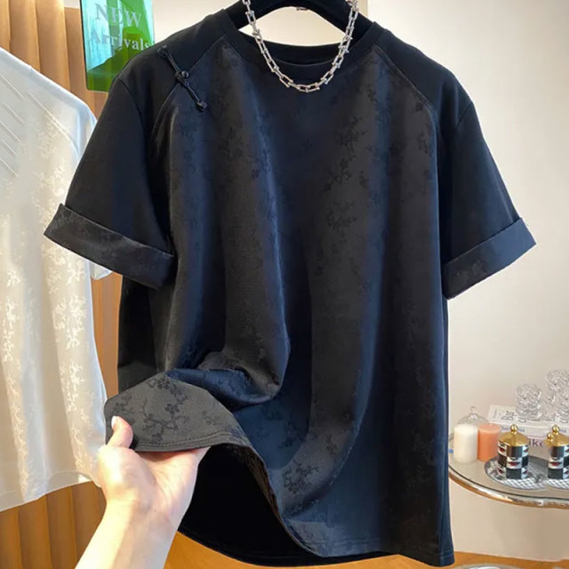 13460331.初云紫衣春夏 女中式国风盘扣T恤短袖宽松拼接上衣6479