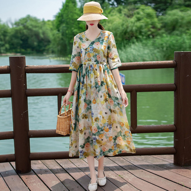 13460336.初云紫衣春夏 女文艺碎花女中长款宽松收腰显瘦气质连衣裙6611
