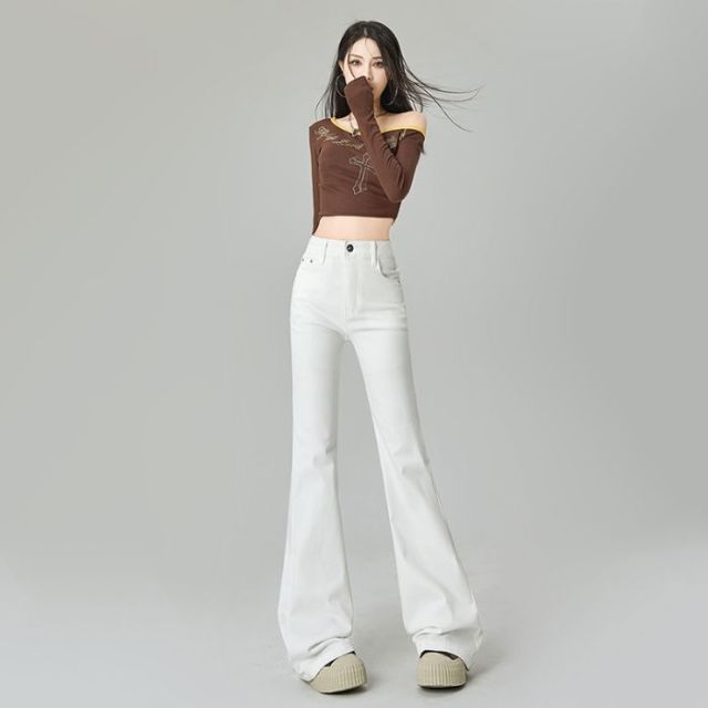 11760390.柒蒙 白色修身弹力喇叭裤女新款高腰显瘦垂感牛仔裤