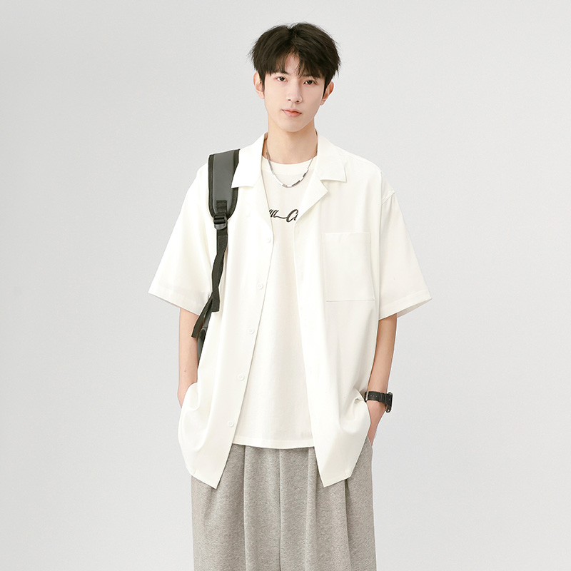 11758247.淘贝鼠夏季上新男式宽松港风纯色文艺潮流外搭休闲短袖衬衫【淘贝鼠男装XJ】